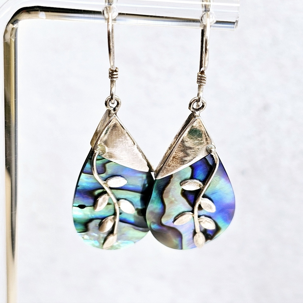 Abalone 925 Teardrop Earrings with Vine Accents